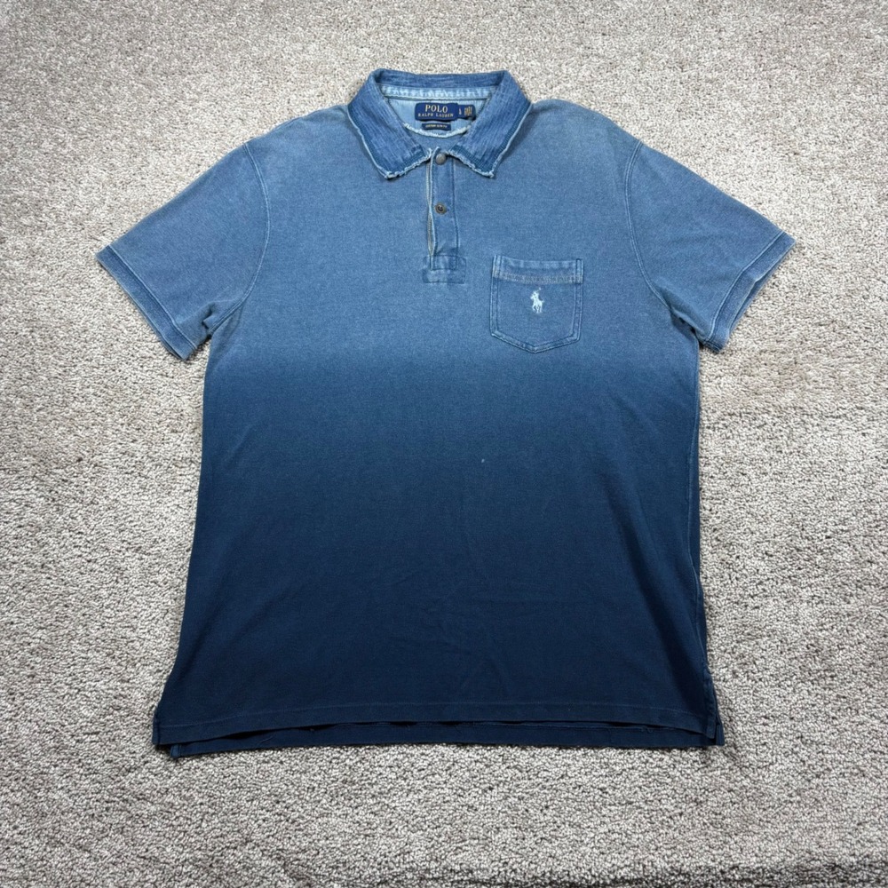 Polo Ralph Lauren Mens Ombre Denim Blue Chambray Custom Slim Fit Polo Shirt L